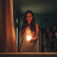 Horror film Seance's mean girl Alice (Inanna Sarkis) holding a candle in front of her to light a bathtub as other girls look on.